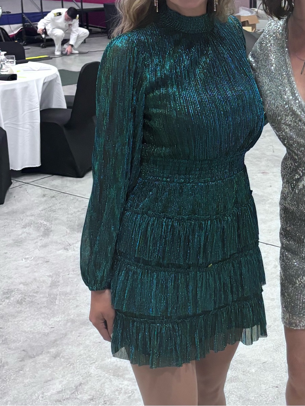 1. State Teal Metallic Long-Sleeve Tiered Dress